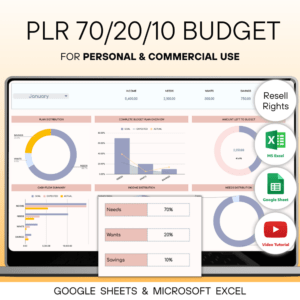 PLR 70/20/10 Monthly Budget Spreadsheet Template for Excel & Google Sheets. Resell Rights