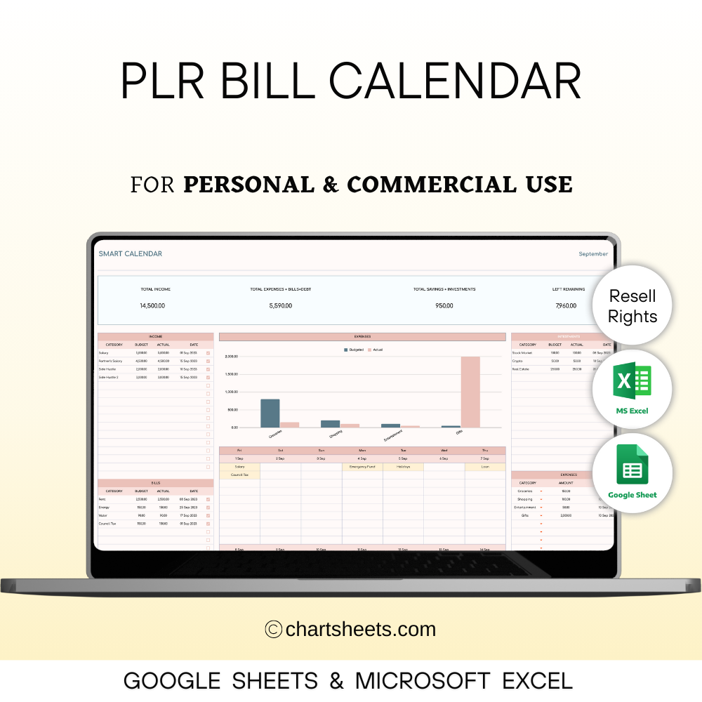 PLR Bill Calendar Spreadsheet Template for Excel and Google Sheets, Smart Bill Planner with Payment Dashboard, Resell Rights