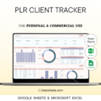 PLR Client Tracker & Management Spreadsheet Template for Excel and Google Sheets, featuring resell rights for entrepreneurs