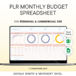 PLR Monthly Budget Spreadsheet Template for Excel and Google Sheets, designed for effective financial management. Resell Rights included.