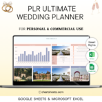 PLR Wedding Planning Spreadsheet Template in Excel and Google Sheets, featuring budget, timeline, checklist, guest list, and to-do list with resell rights.