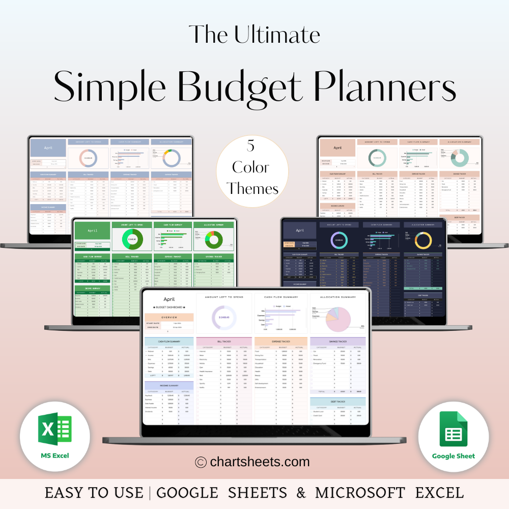 All-in-One Budget Planner Bundle: Excel & Google Sheets Templates with 5 Color Themes