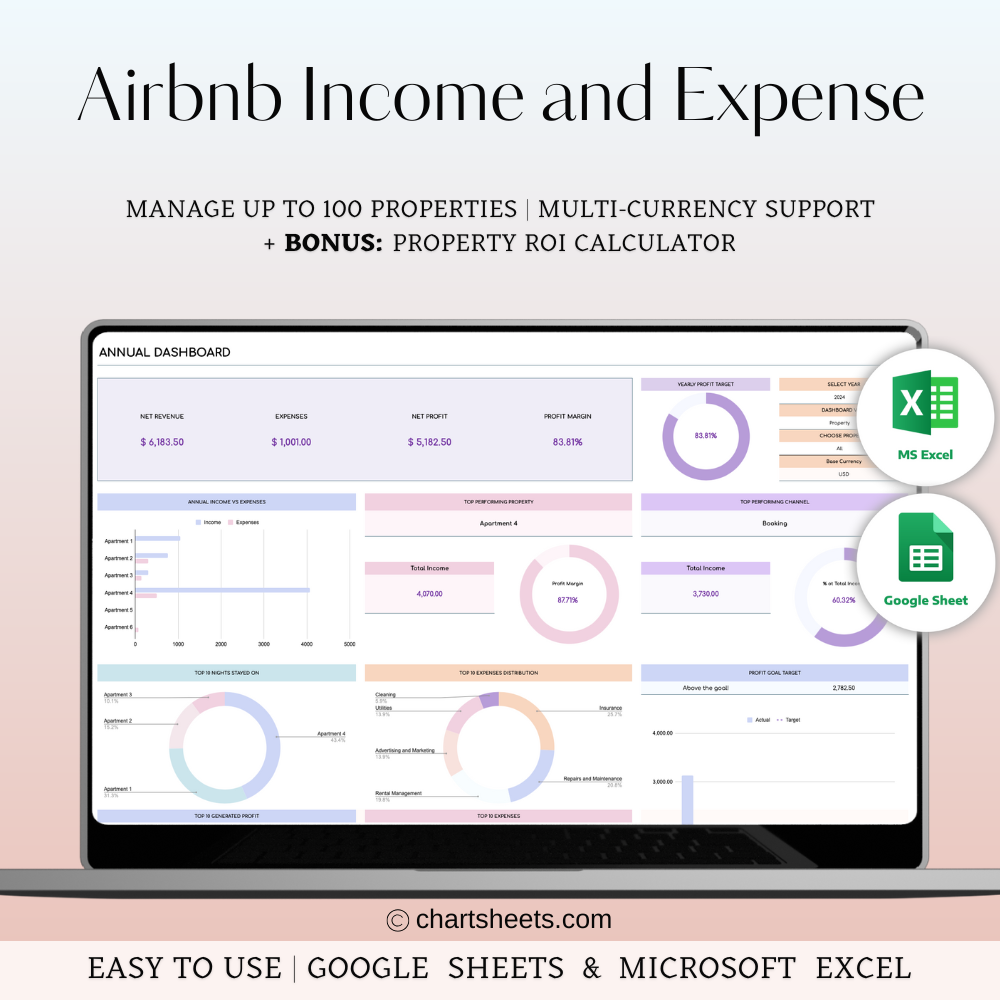 Airbnb Income & Expense Spreadsheet Template | Excel & Google Sheets for Hosts (Rainbow Theme)