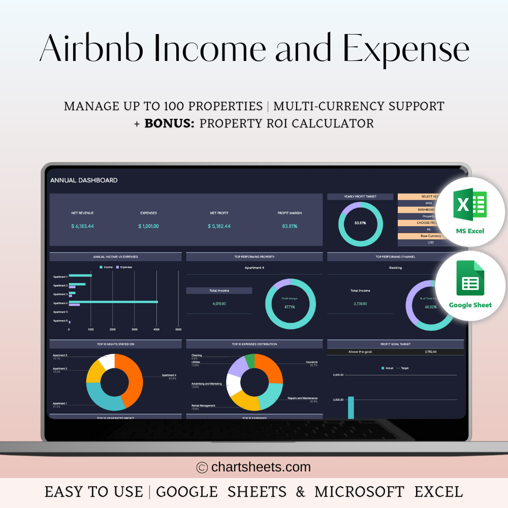 Airbnb Income & Expense Tracker | Excel & Google Sheets Template (Dark Theme)